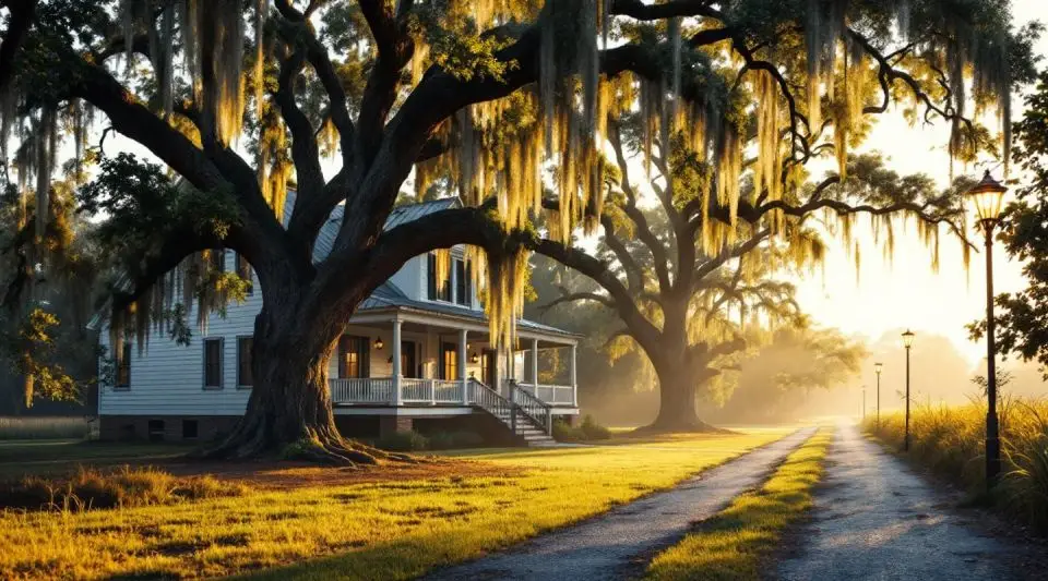 A peaceful residential street in Ravenel, SC, featuring traditional Lowcountry homes and mature live oaks with Spanish moss.