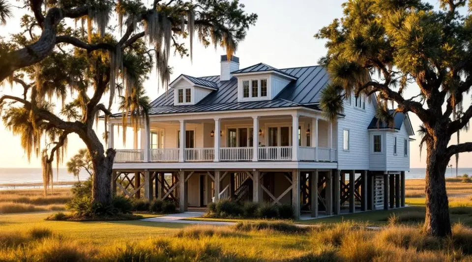 A photorealistic view of the iconic Sullivan's Island Lighthouse standing tall against a bright blue sky near the beach.