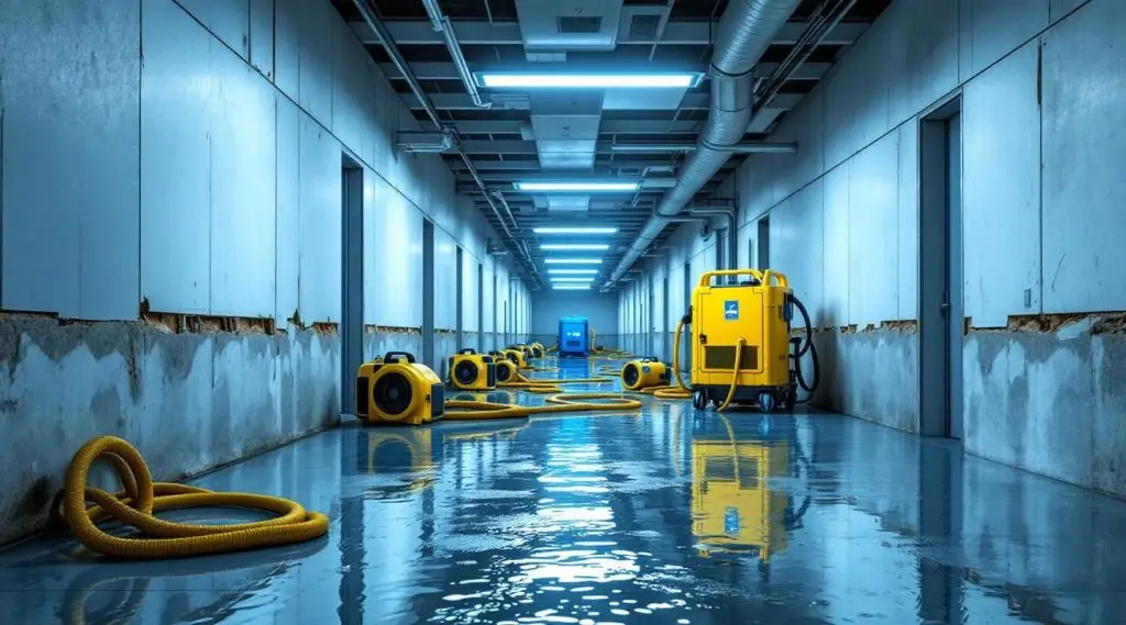 Certified restoration experts performing industrial water extraction and structural drying in a North Charleston commercial facility to mitigate flood damage.