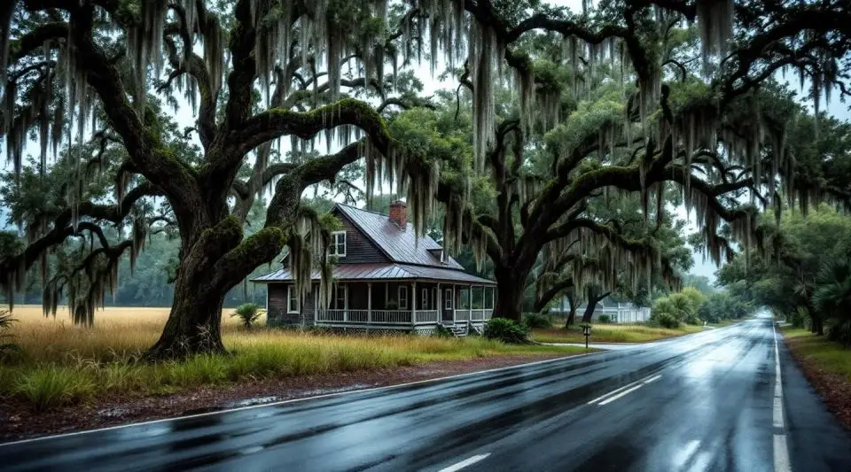 A professional restoration truck parked in front of a Lowcountry home with Spanish moss and live oaks in Hollywood, SC.