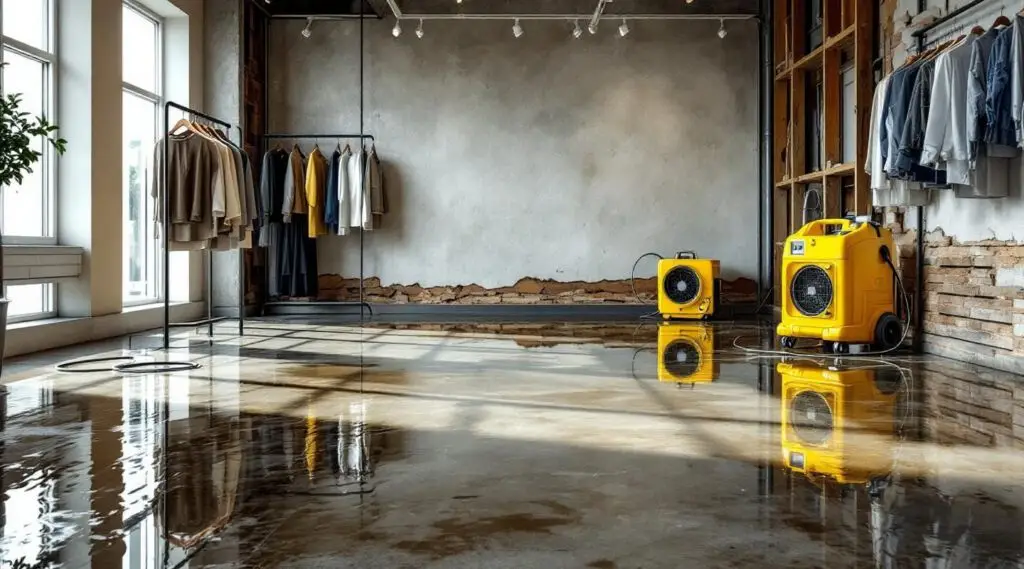 Professional restoration team performing industrial water extraction and structural drying in a large North Charleston retail store to facilitate rapid flood recovery.
