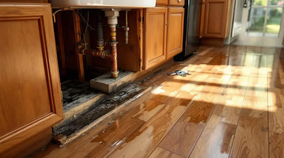 A professional restoration expert drying out water-damaged kitchen cabinets in a North Charleston residence.