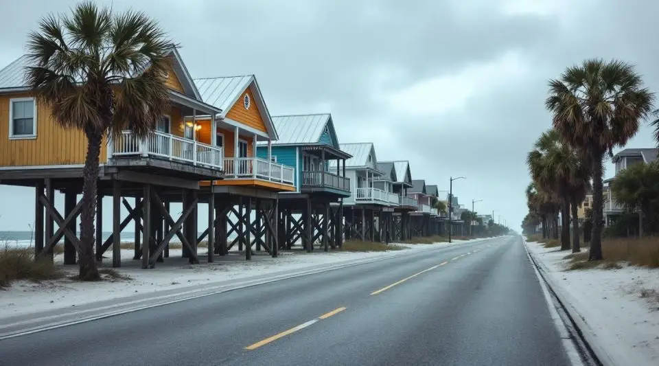 A row of colorful beach houses on stilts along Folly Beach during a bright morning after a coastal storm.