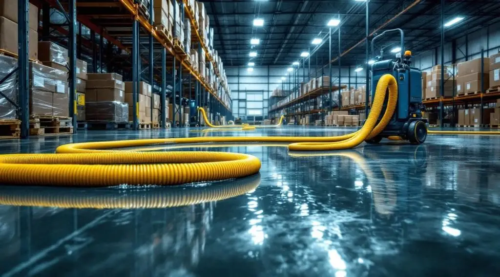 Professional restoration technicians using industrial-grade water extraction equipment in a large North Charleston commercial warehouse to perform rapid water removal and structural drying.
