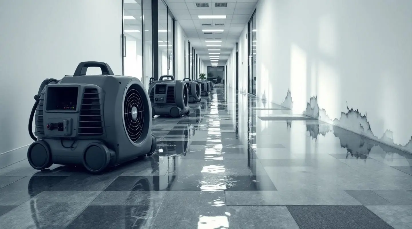 Commercial restoration team using industrial air movers and dehumidifiers to dry a flooded office building in North Charleston.