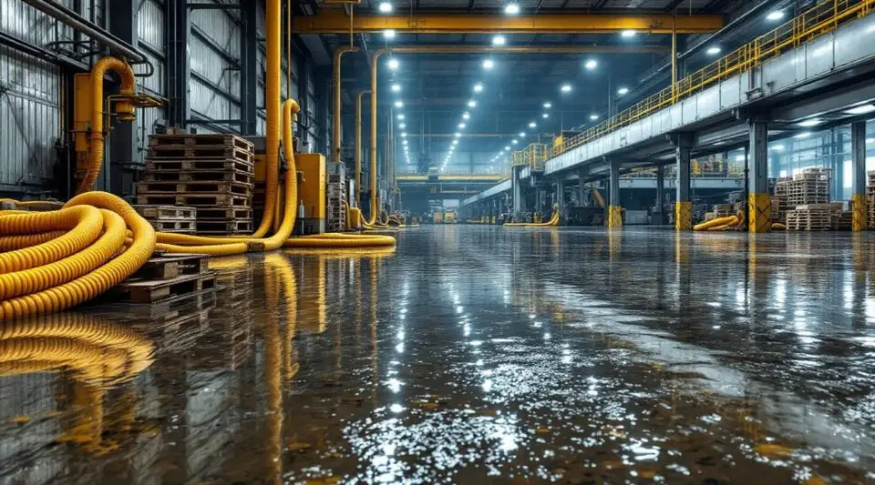 Professional restoration team using industrial-grade water extraction equipment in a North Charleston commercial warehouse.