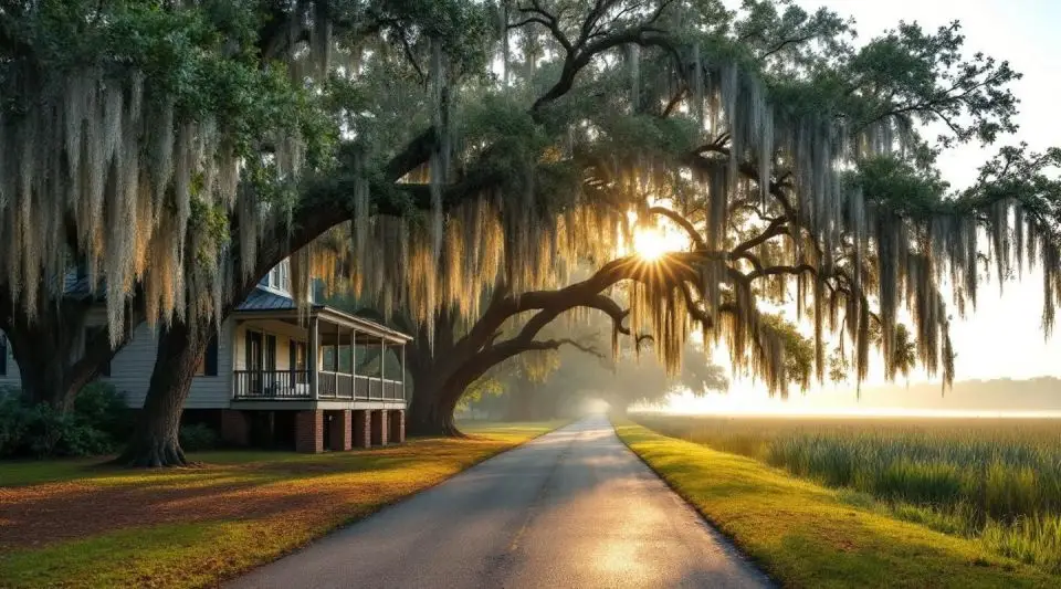A professional restoration team working near a historic Lowcountry home with moss-draped oaks in Meggett, South Carolina.